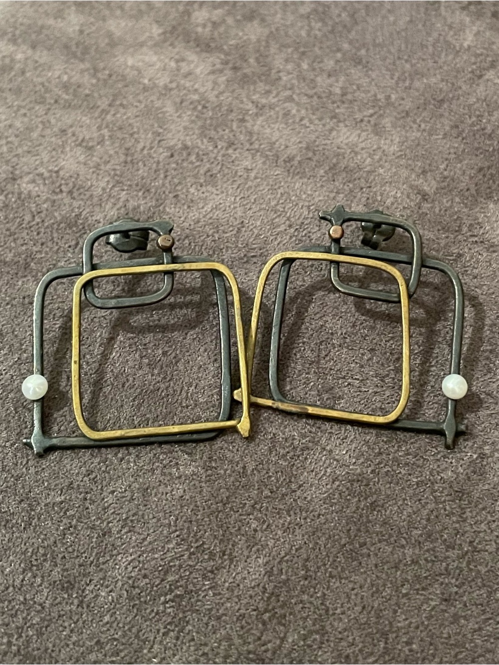 Gold and Pewter Two-Tone Geometric Post Earrings with Pearl Accent